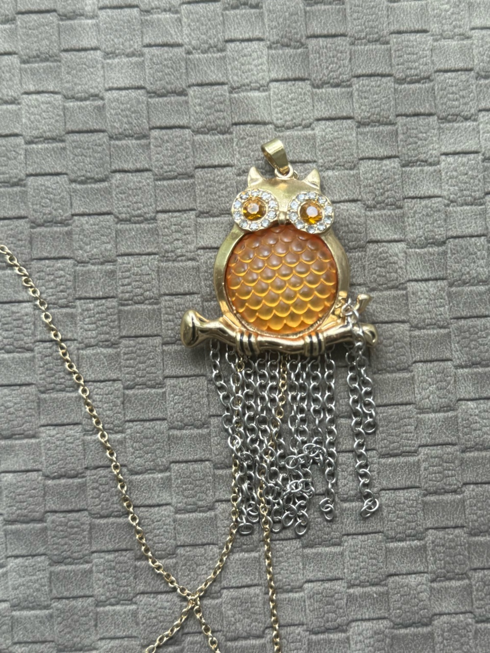 Gold‎ Owl Pendant Necklace with Orange Gemstone and Silver Tassel on long chain